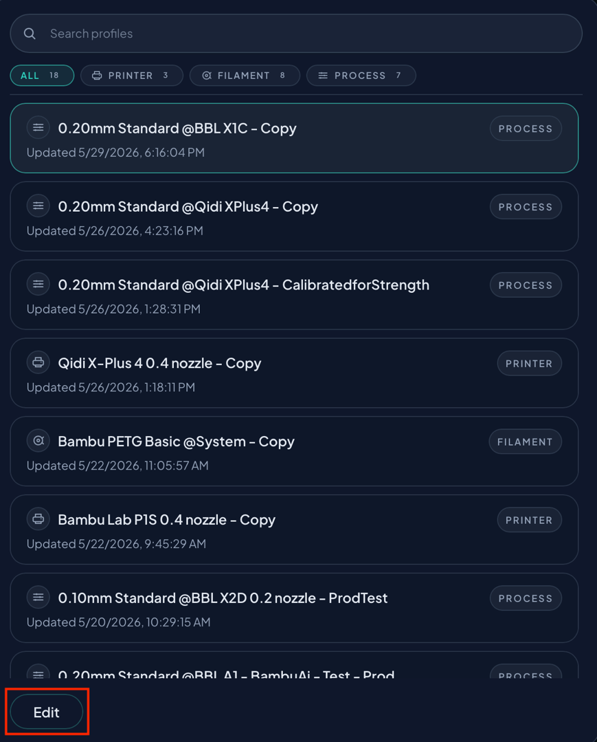 Edit button in the Profiles list