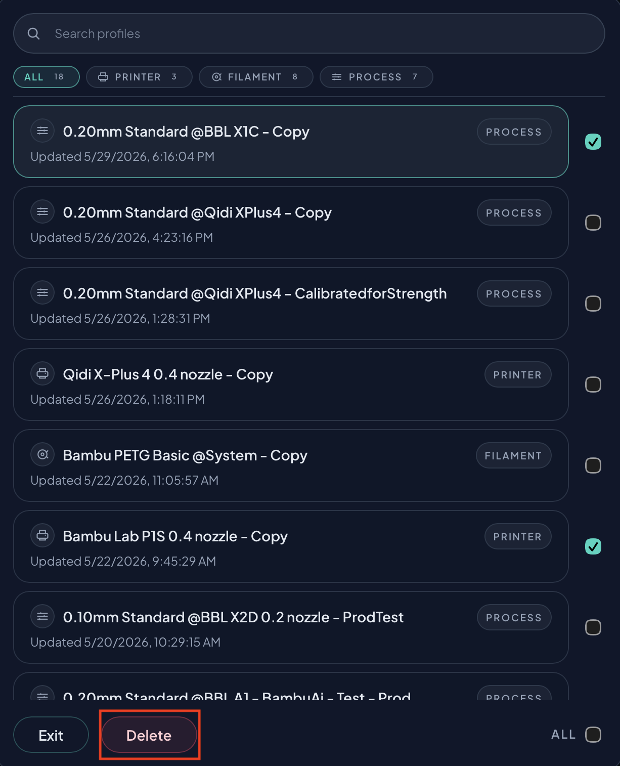 Selected profiles with the Delete action