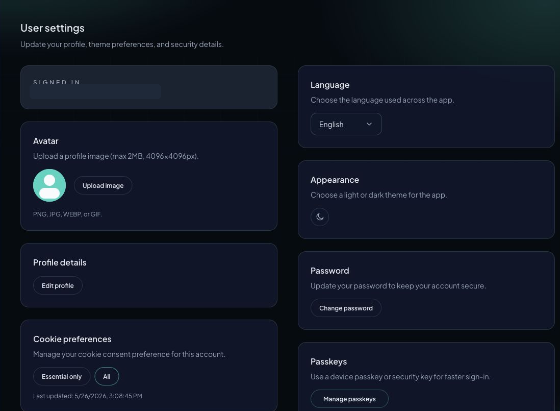 Settings page with profile, preferences, and security cards