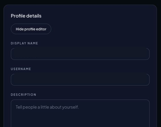 Profile editor with display name, username, description, and donation link fields