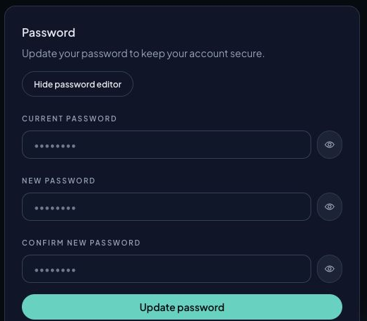 Password editor with current password, new password, and confirmation fields