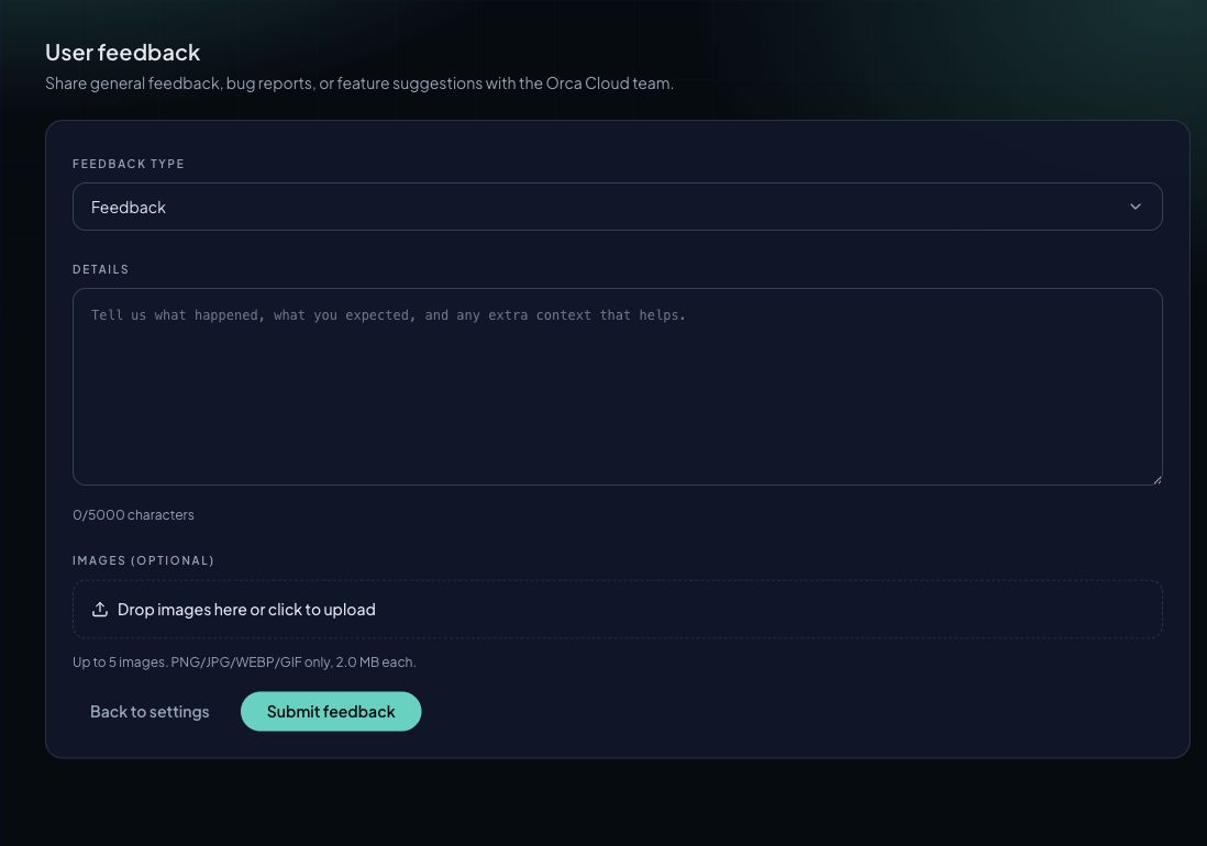 Feedback form with type, details, optional images, and submit action