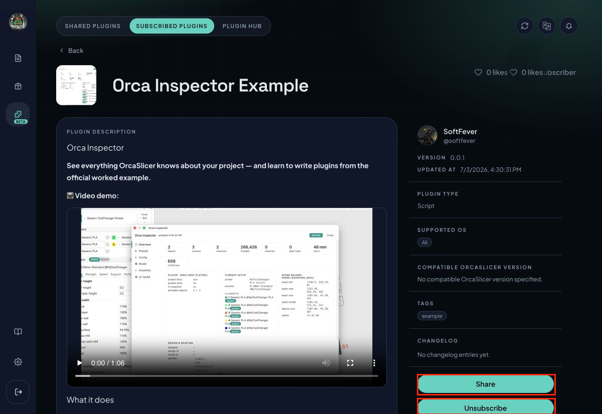 Subscribed plugin detail page with Share and Unsubscribe actions