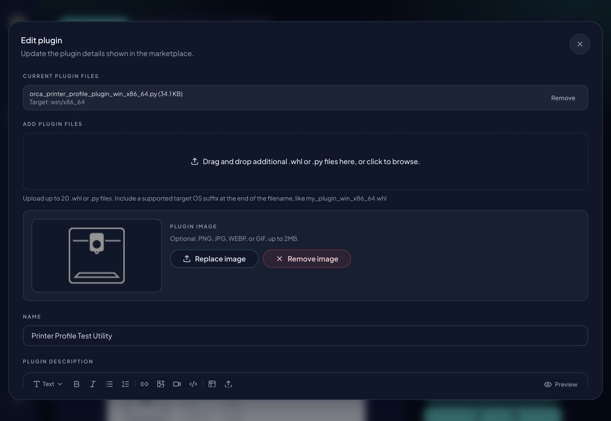 Edit plugin dialog with current files and upload controls