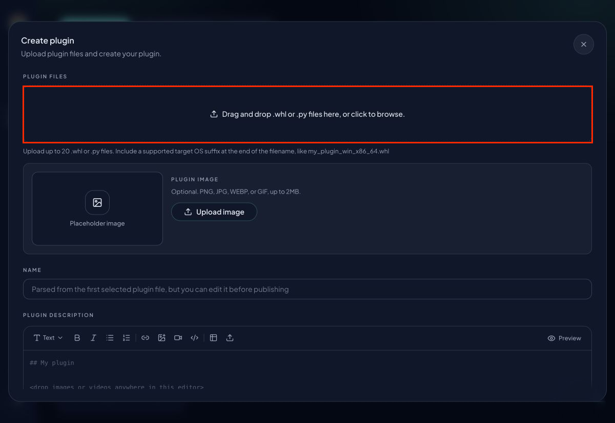 Create plugin dialog with plugin file upload, image, name, and description fields