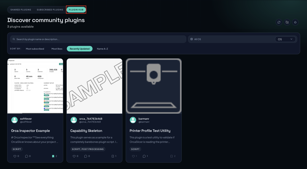 Plugin Hub search, filter, sort, and plugin cards