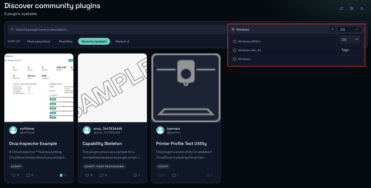 Plugin Hub filter menu with OS and Tags options