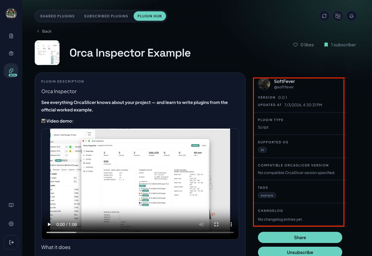 Orca Inspector Example detail page with metadata panel