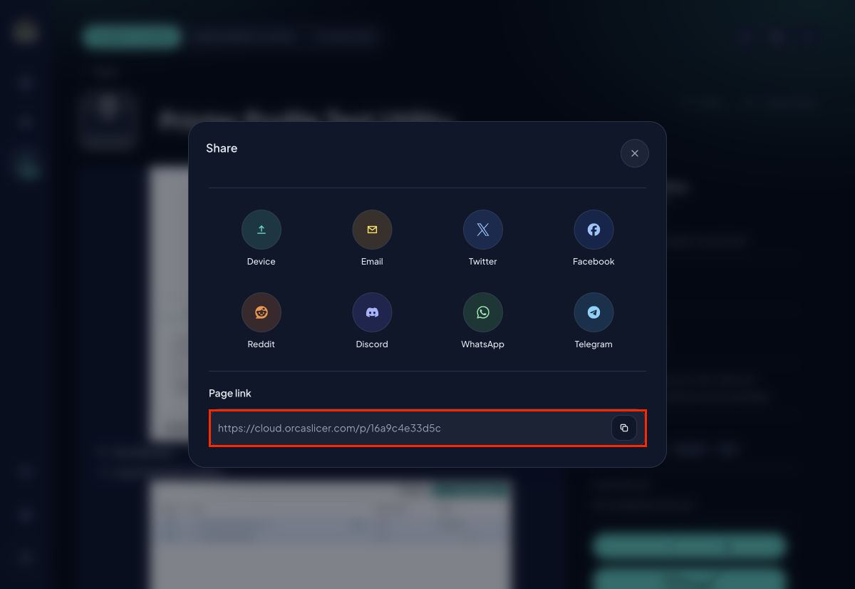 Plugin share dialog with sharing options and copy link field